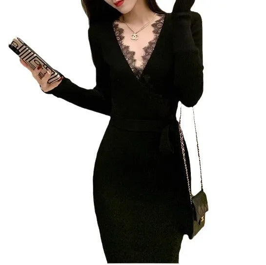 Black slim fit woolen skirt with princess dress silhouette, polyester fabric, free size women's fashion garment