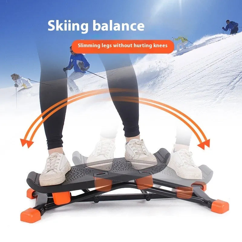Black portable mini fitness skiing machine with elastic hand straps for indoor home workouts