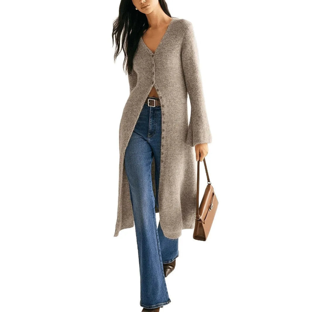 Khaki French style long sleeve cardigan coat with button front closure