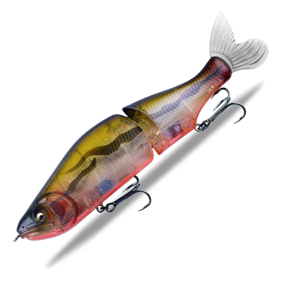 185mm plastic bass fishing swimming bait showing colour options and length measurement