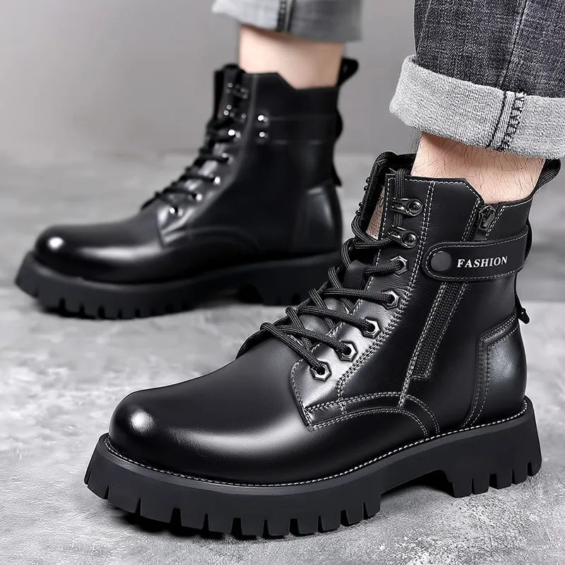 Men's brown Martin boots with thick rubber soles and side zipper on high-top cowhide leather construction