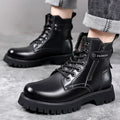 Men's brown Martin boots with thick rubber soles and side zipper on high-top cowhide leather construction