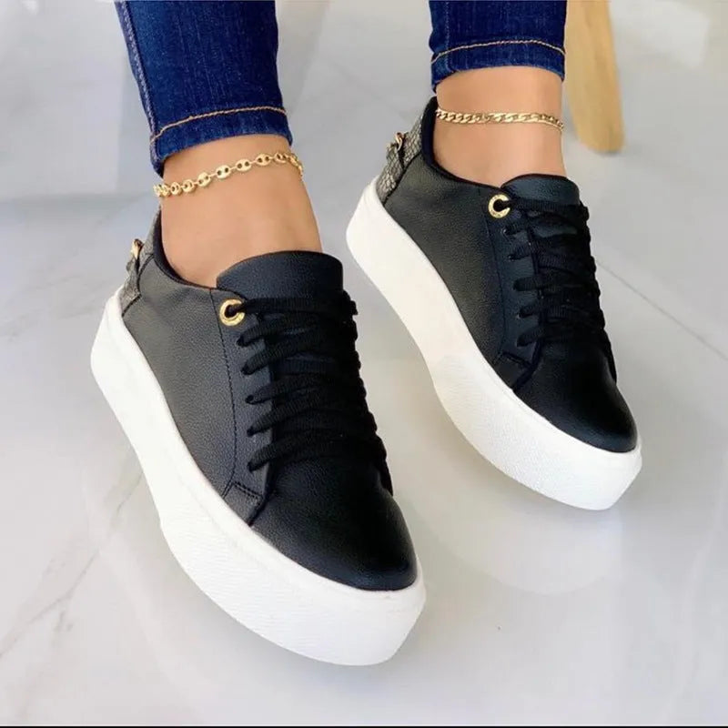 Round head cross strap thick bottom casual low-top sneakers chain pumps women black colour