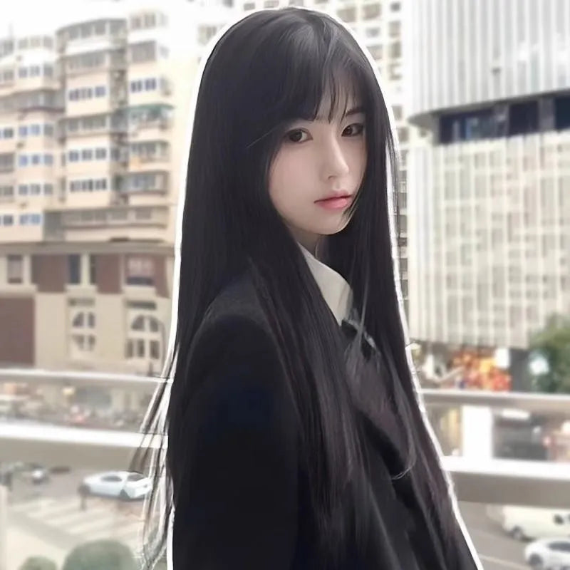 Straight black synthetic wig with fringe options and built-in headband for women