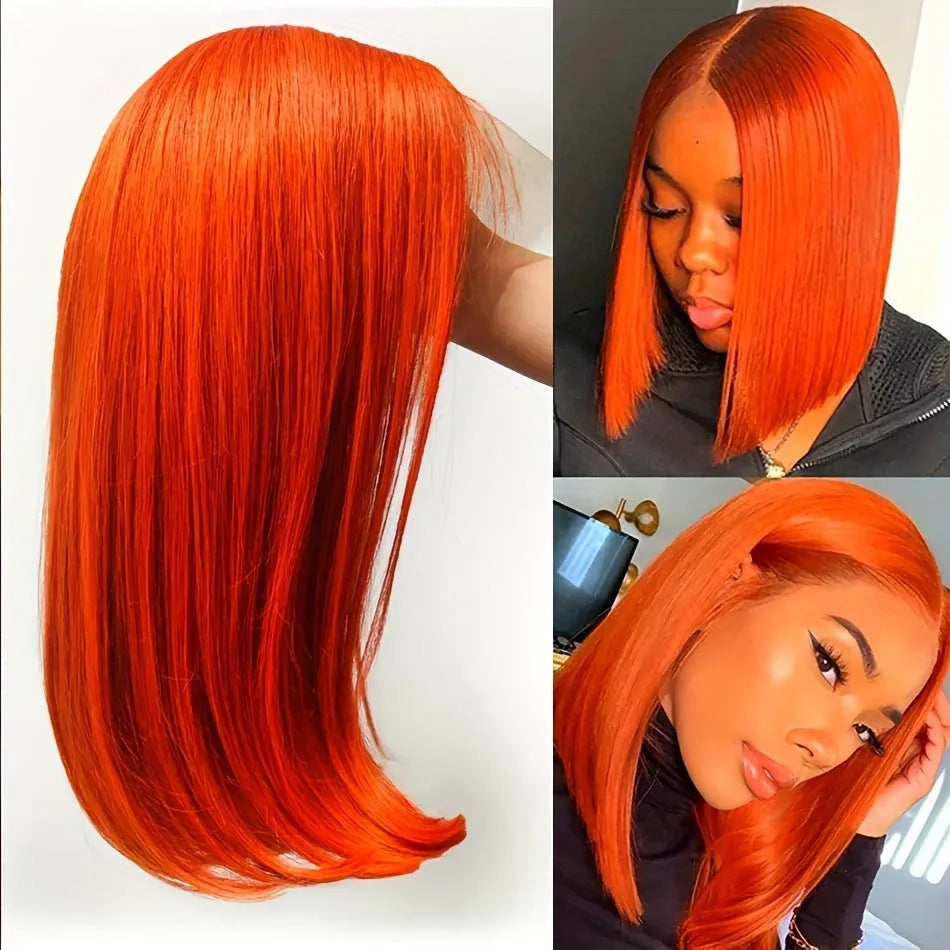 Straight ginger orange bob wig human hair 13x4 lace front natural style for ladies