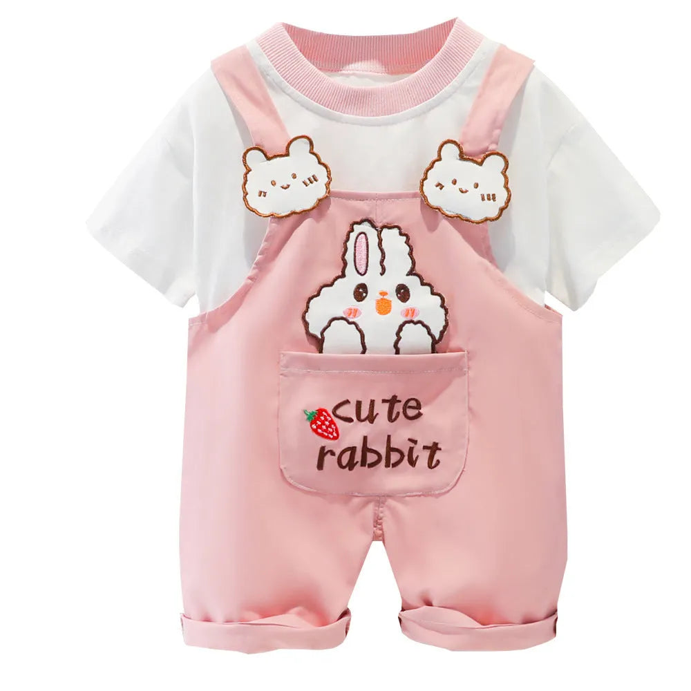 Yellow cotton baby cartoon short-sleeved overalls with strap design on a hanger