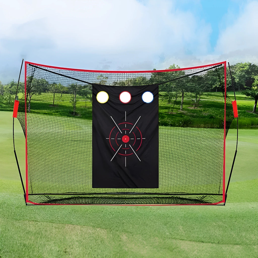 Golf swing wedge training net with 3-hole cross design and straw mat on grass