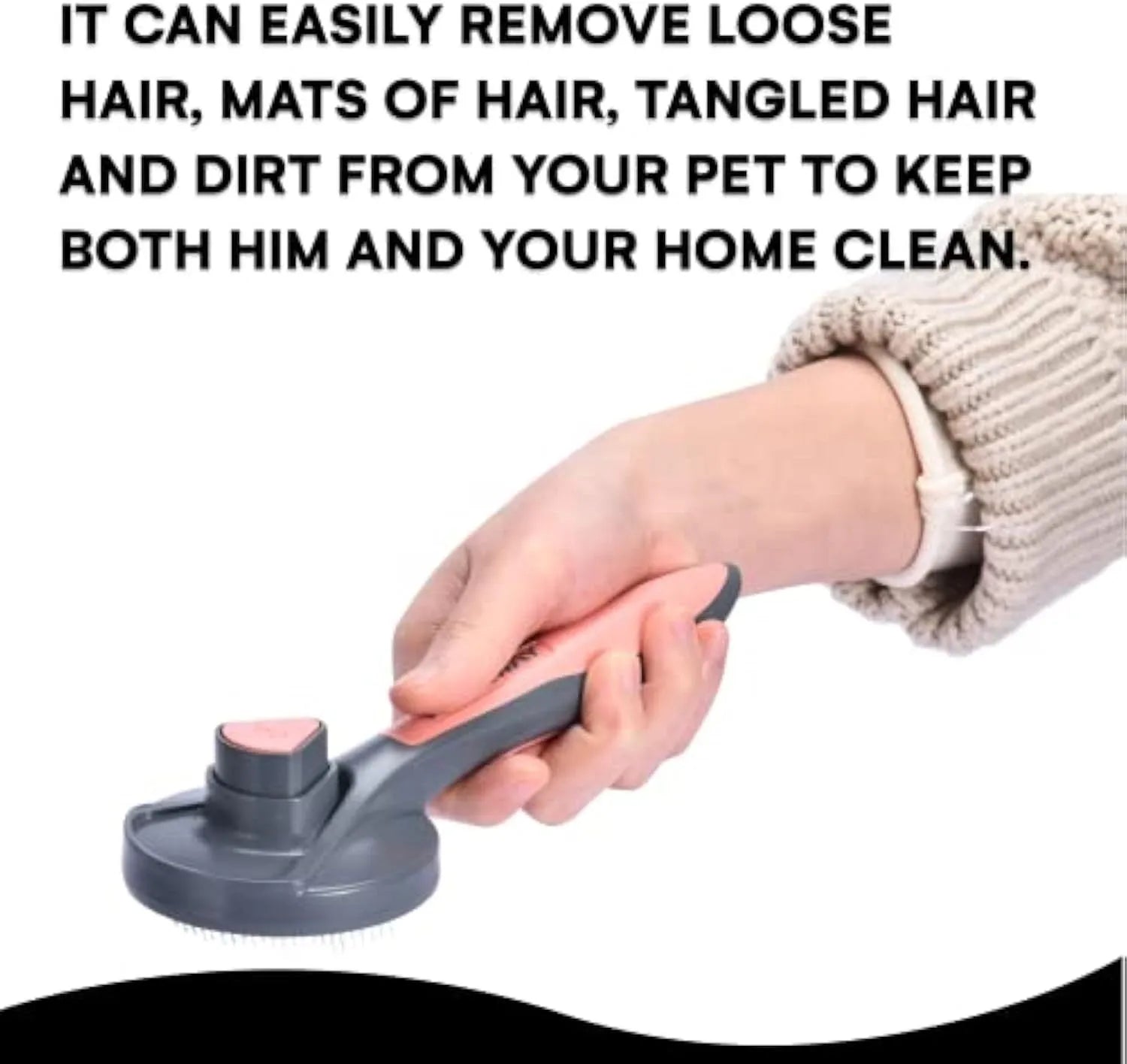 Self-cleaning slicker brush for pets with a grey handle and fine metal bristles.