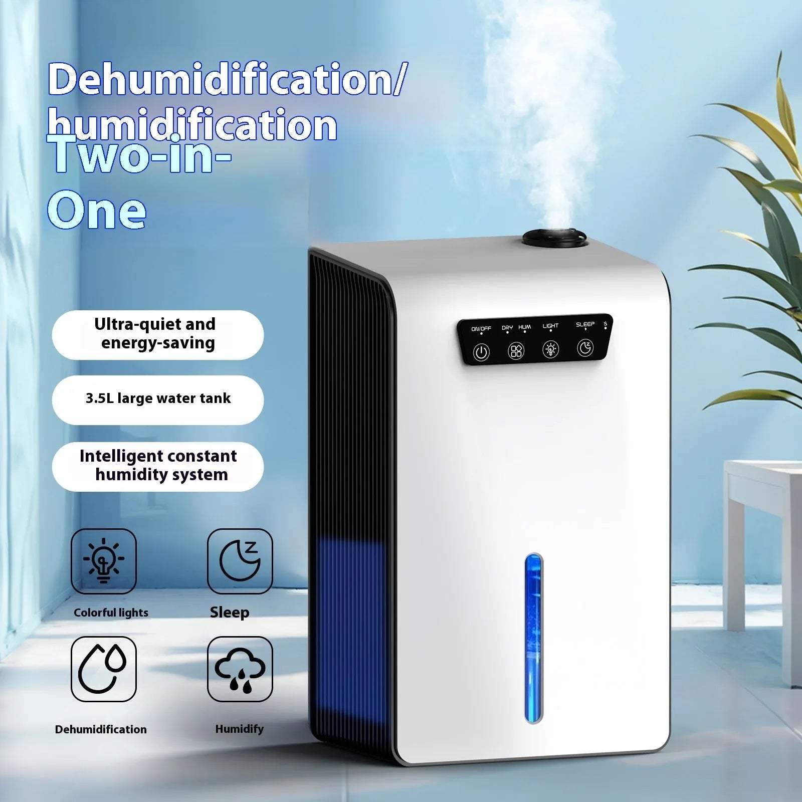 Milky white compact household dehumidifier with water tank for rooms up to 20 square metres