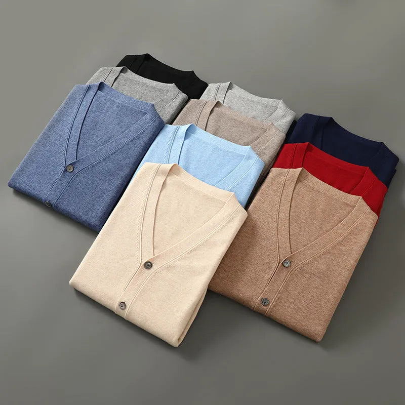 Men's Andy velvet knitted cardigan coat in V-neck loose style shown in beige colour