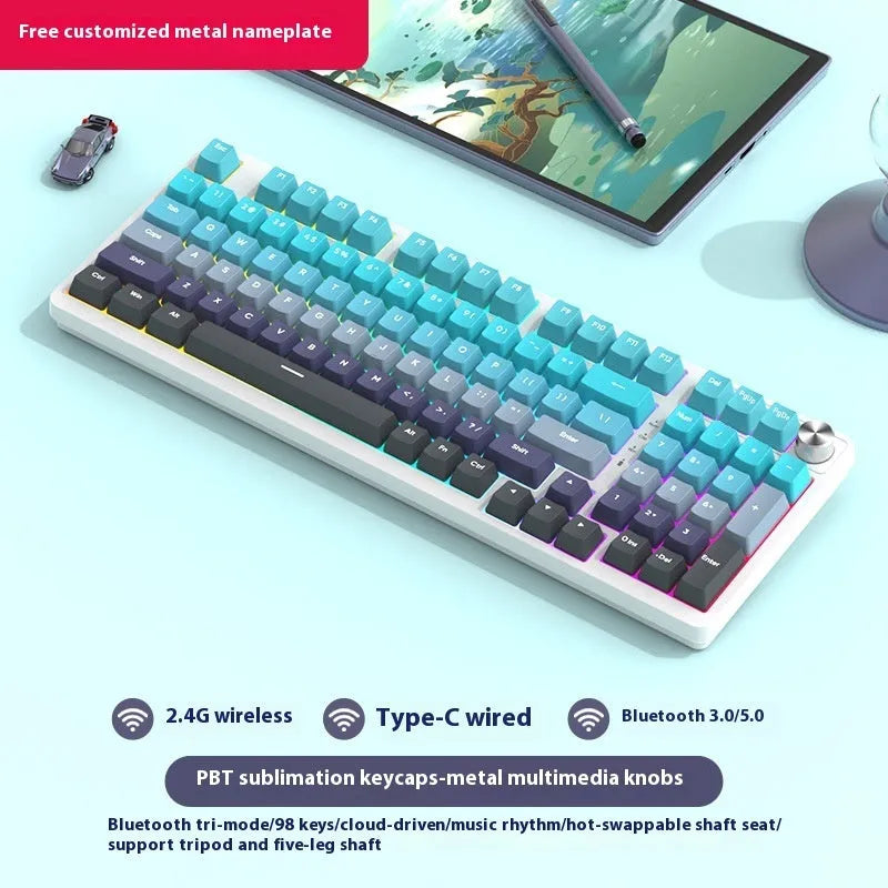 98-key wireless Bluetooth mechanical keyboard kit with metal knob and multiple colour background options