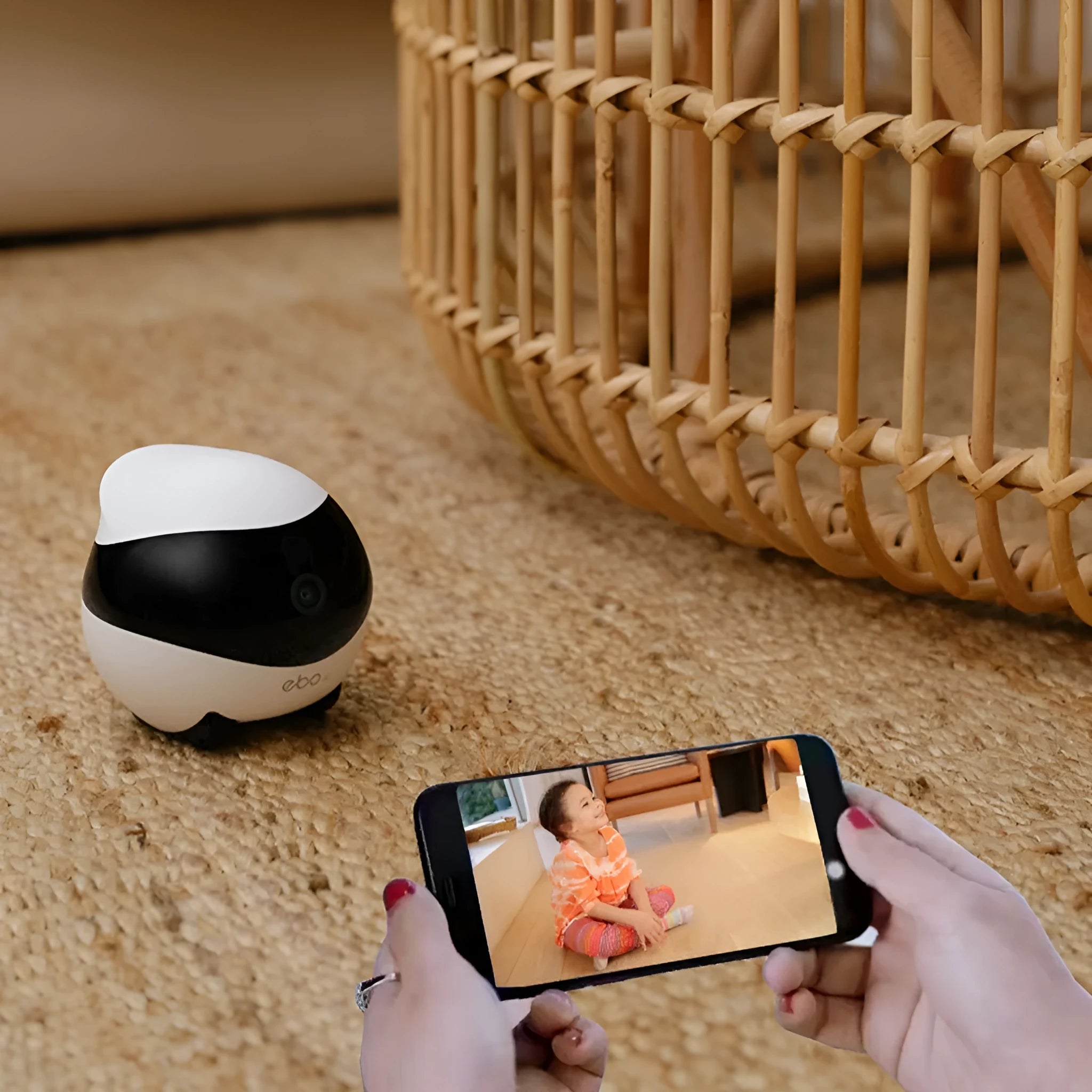 White smart home mobile surveillance robot camera with compact design and automatic docking station