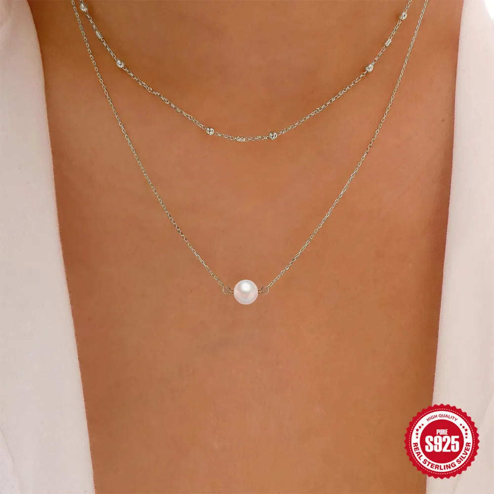S925 sterling silver double layer necklace with twin pearls on geometric pendant and ball bead chain