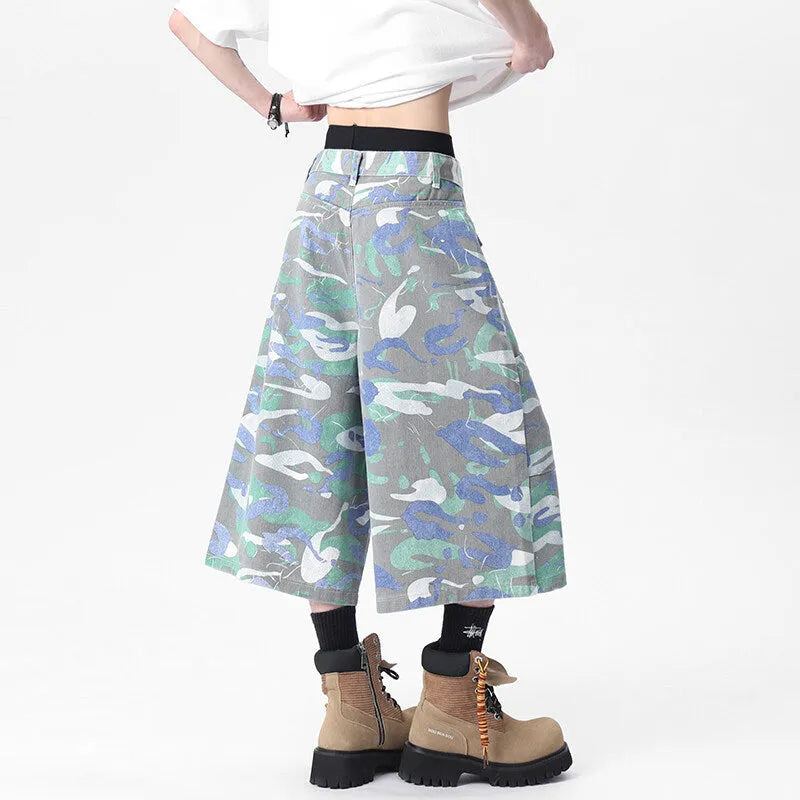 Women's camouflage colour cropped denim trousers with straight leg workwear style and front pocket