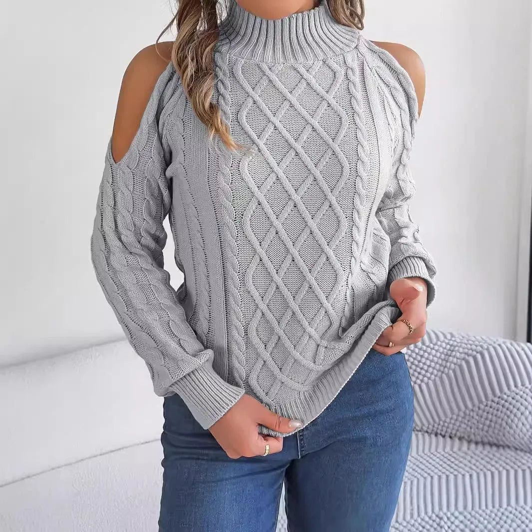 Women's acrylic sweater with twist design, strapless half-high collar, and lantern long sleeves in multiple colours