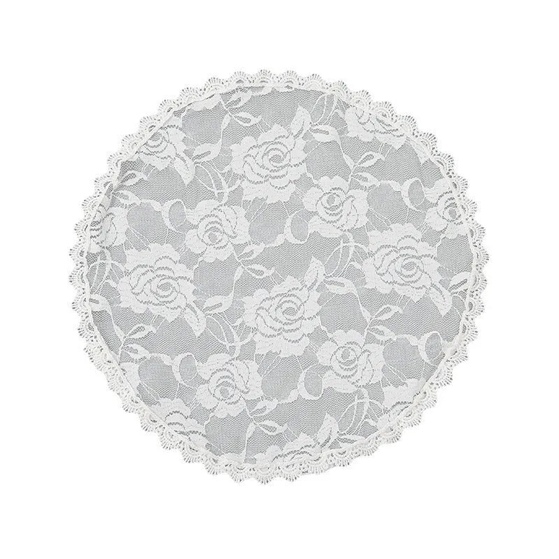 Round white bridal head cover with floral decoration measuring 30cm