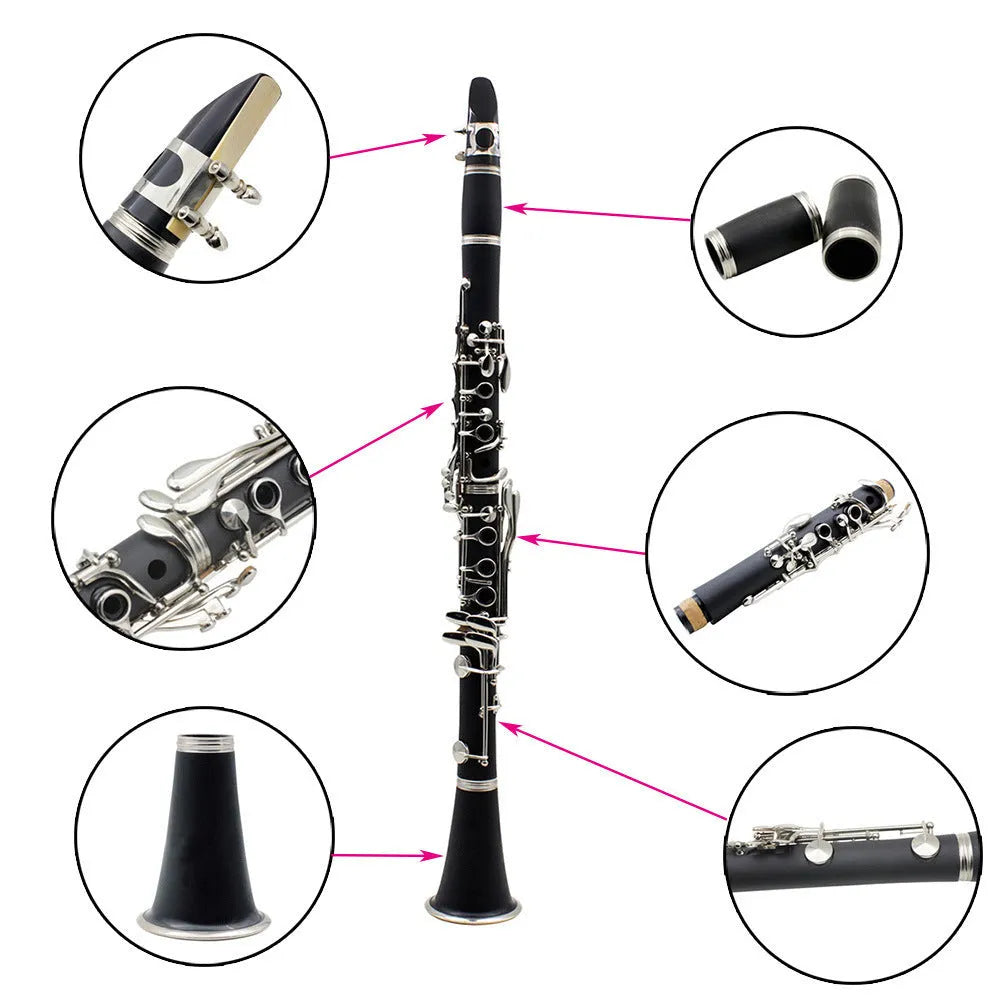 Black Bakelite beginner clarinet with nickel keys and included instrument bag