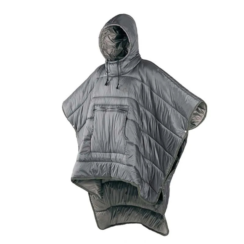 Outdoor cloak sleeping bag shown as wearable cape and as traditional sleeping bag