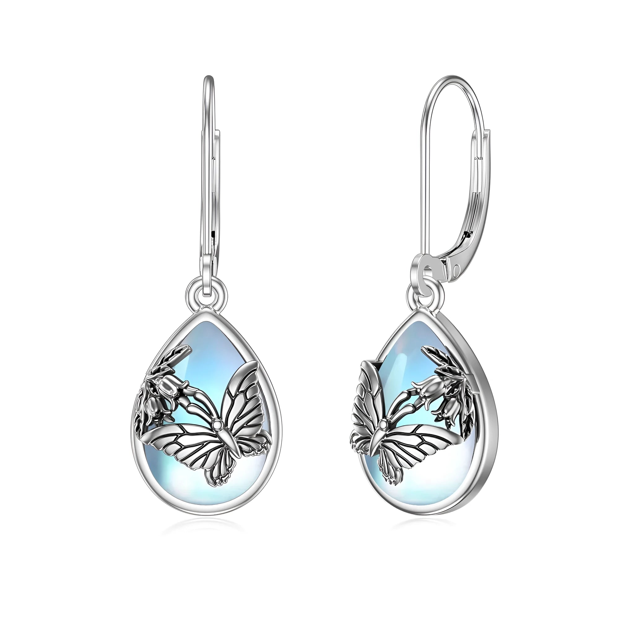925 sterling silver butterfly leverback earrings with moonstone gemstone, silver colour, for women