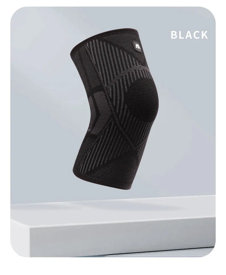 Knee compression sleeve with non-slip silicone stripes for knee pain relief and recovery, black, side view