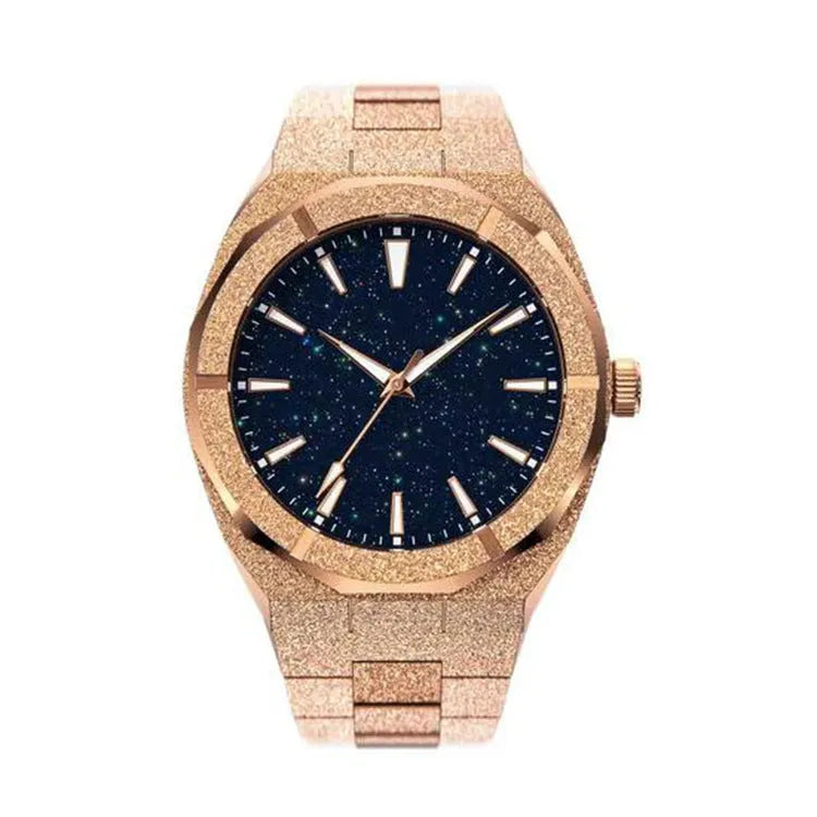Men's stainless steel waterproof watch with a 42mm dial, quartz movement, and butterfly buckle.