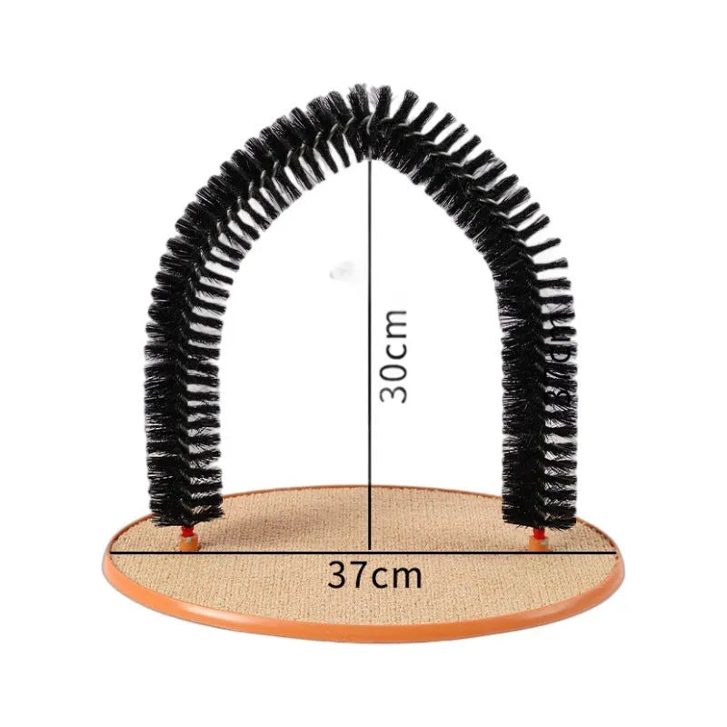 Black plastic cat hair rub anti-itch device with arch brush and attached lanyard mouse toy