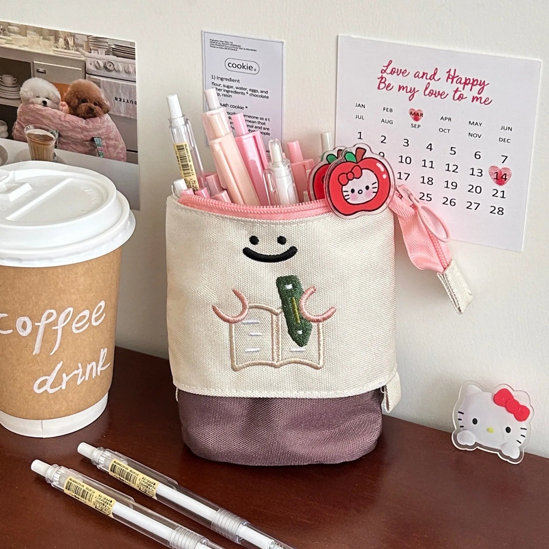 Brown collapsible pencil case with cartoon design measuring 17x14cm