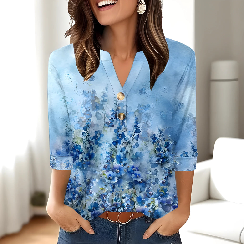 Women's loose fit V-neck top with 3D pattern print in Japanese Korean casual style