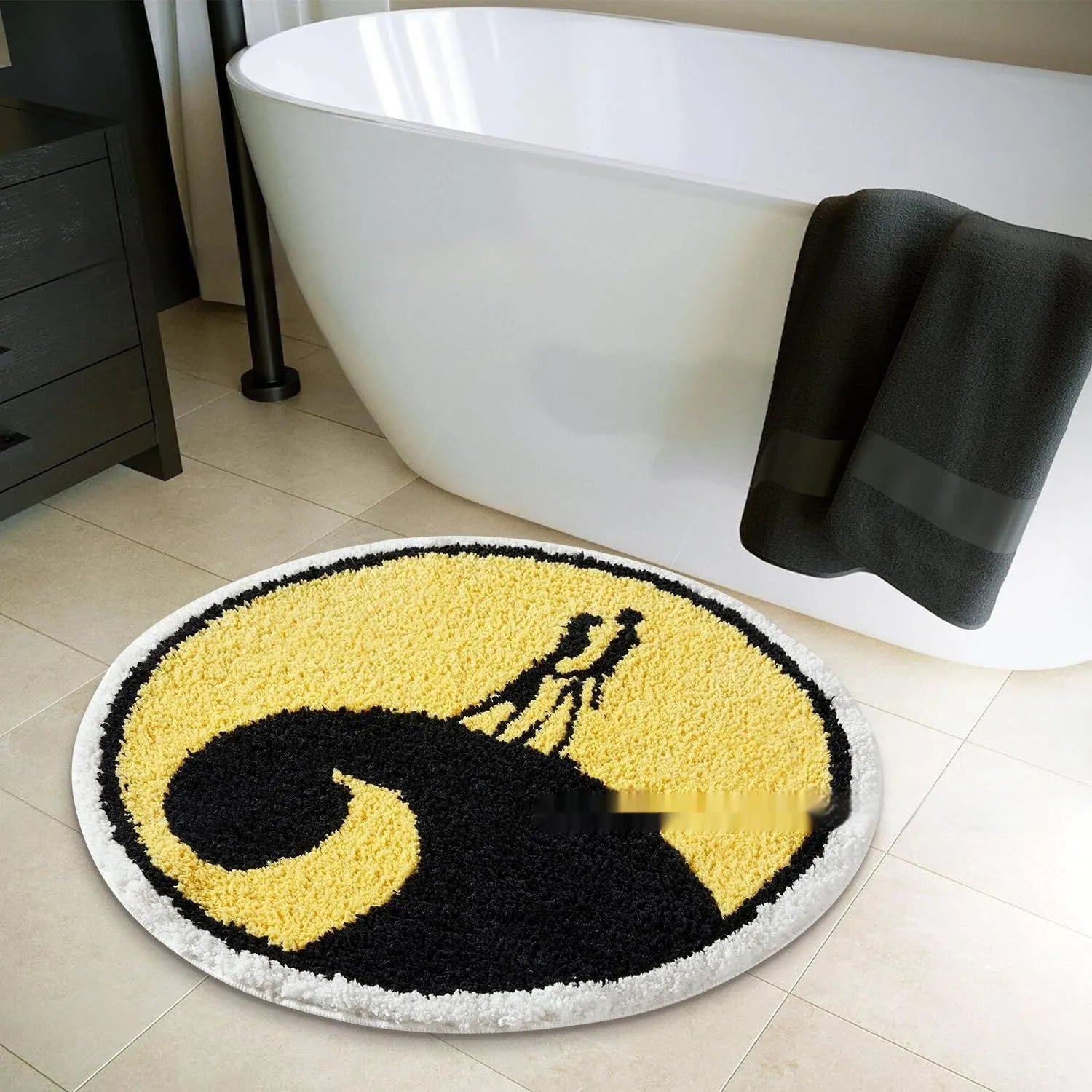 Round Christmas carpet with festive blanket design on floor beside holiday decorations