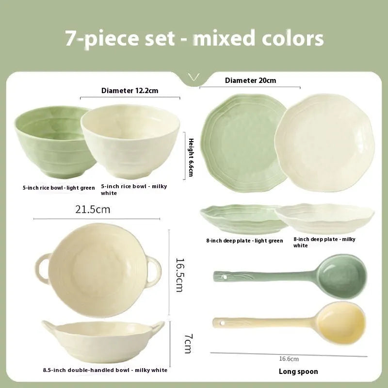 Solid colour ceramic tableware set with seven pieces in modern Japanese style