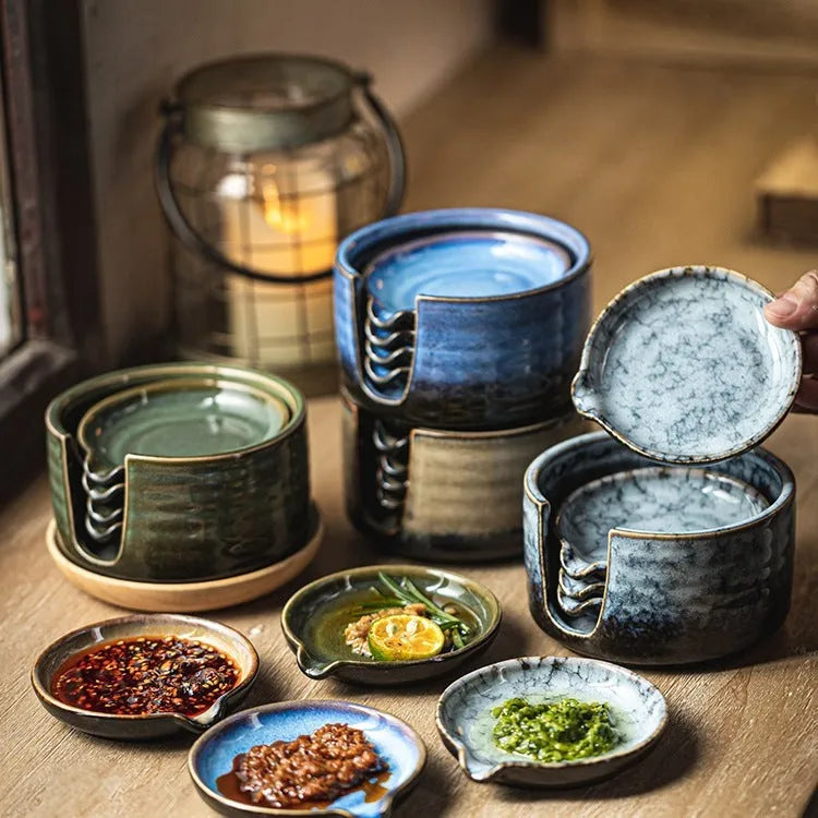 Japanese porcelain seasoning dish set with four plates and a round storage tray, irregular shape, simple style