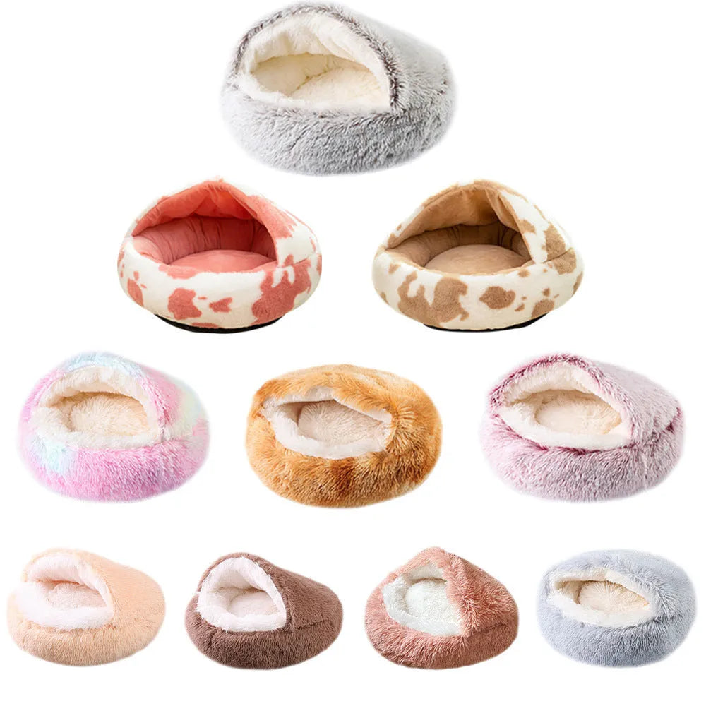 Semi-surrounded soft cloth dog kennel in champagne colour with a removable cushion inside.