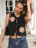 Short 40cm ladies vest cardigan with lace-up bow front and floral pattern in deer plush fabric