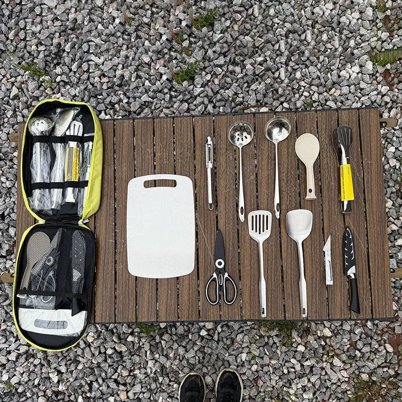 12-piece stainless steel camping kitchenware set in portable storage bag for outdoor cooking
