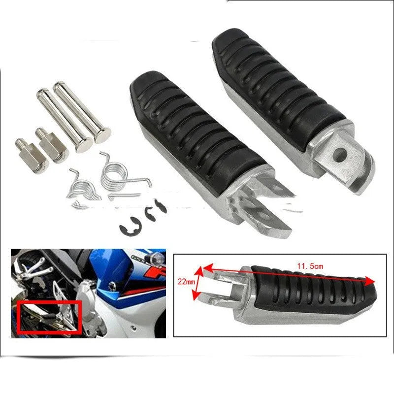 Black aluminium alloy motorcycle footpeg set for Suzuki models including Hayabusa and V-Strom.