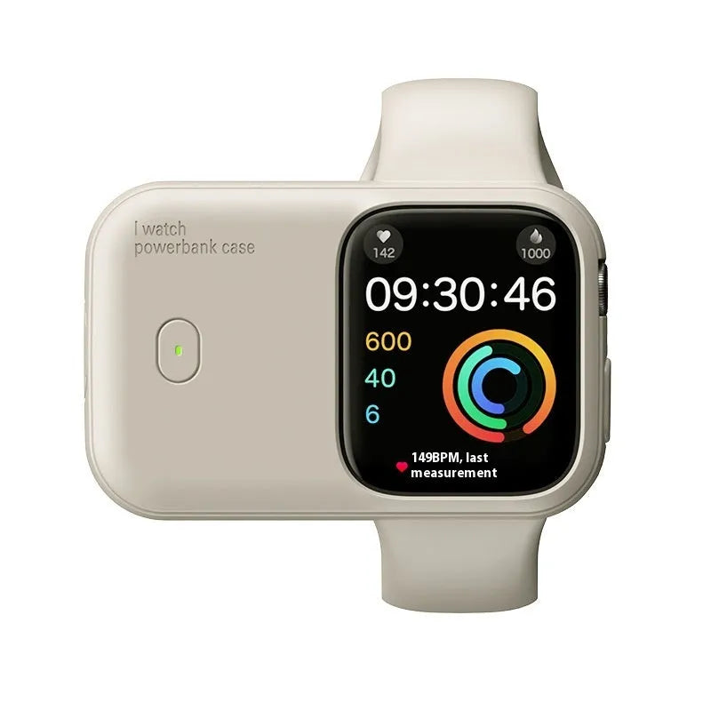 Apple Watch portable charging case power bank in brown, midnight blue, or starlight colour with silicone protection case.