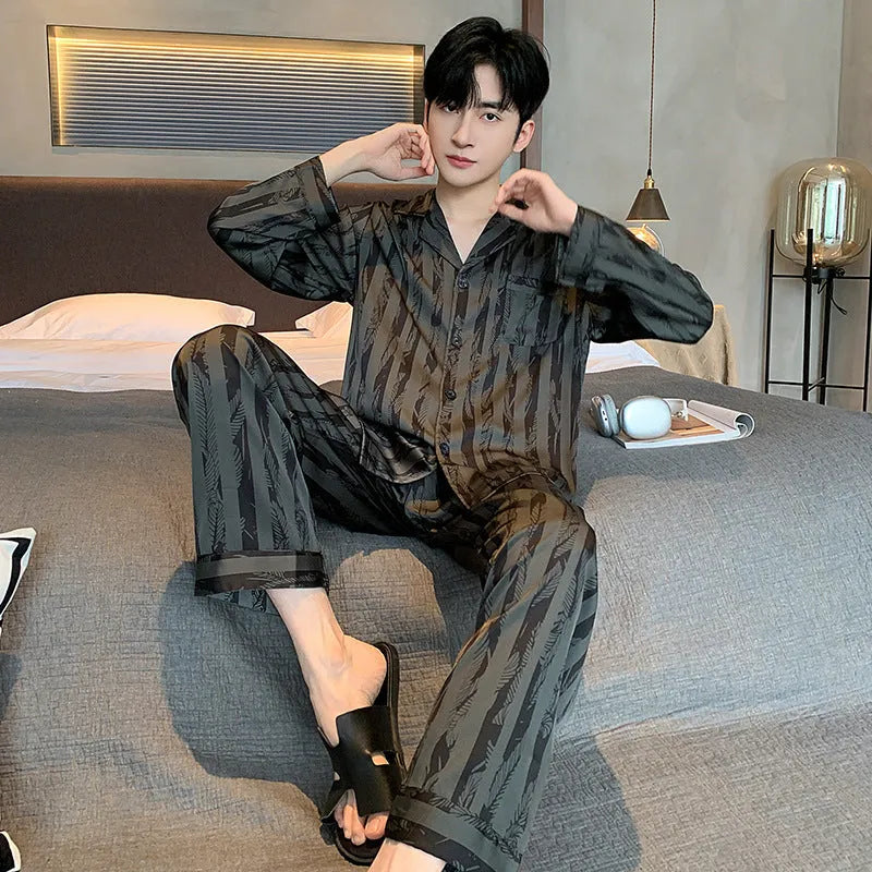 Men's black stripes ice silk V-neck pajama set with long sleeves and trousers