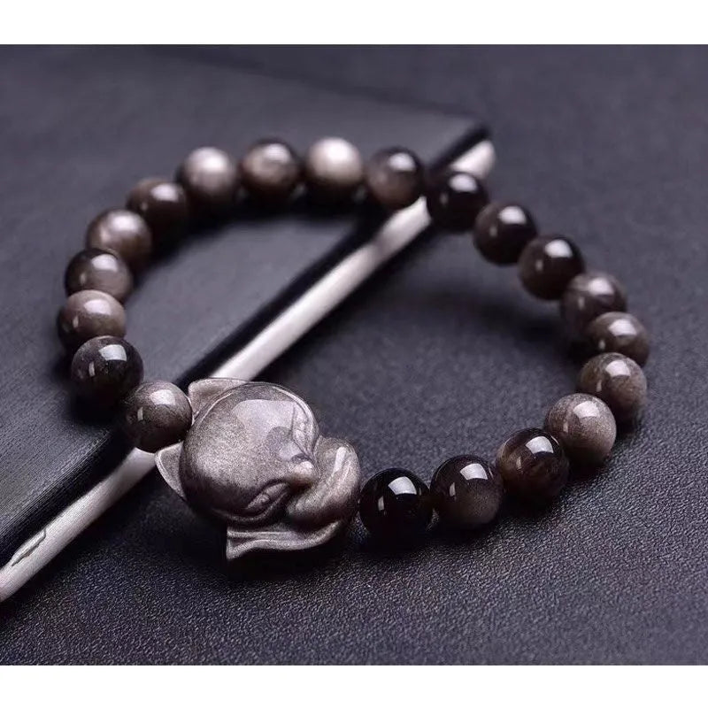 Obsidian bracelet with silver fox charm and 8mm polished bead