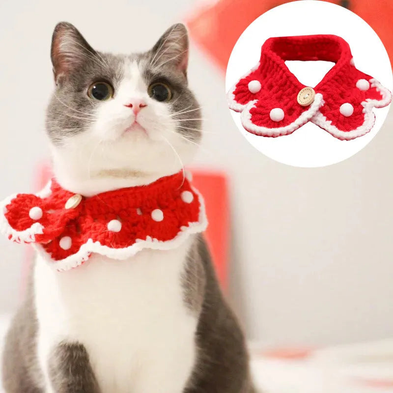 A cartoon-patterned wool knitted pet collar for small dogs, cats, or rabbits in milk cotton.