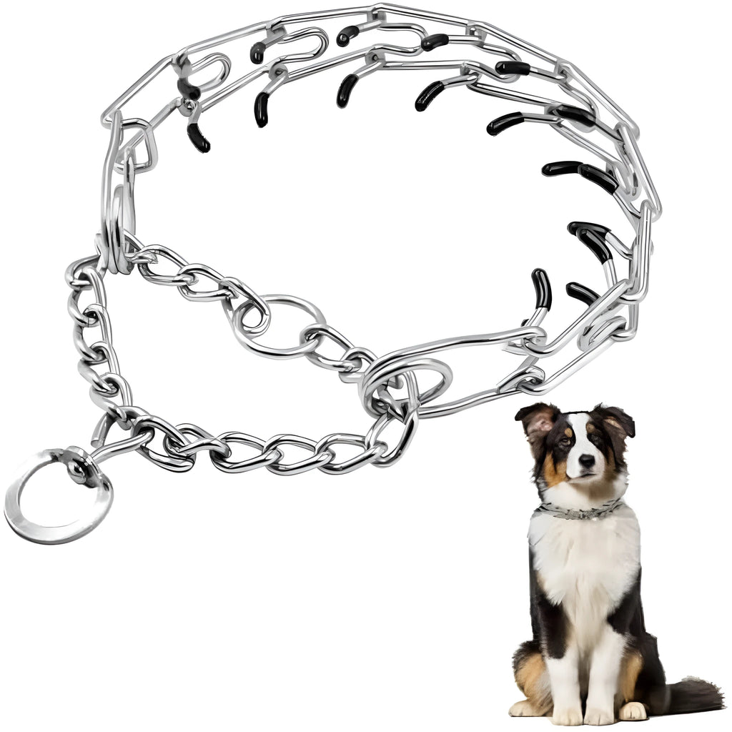 Stainless steel dog pinch training collar with adjustable chain links and black rubber comfort tips on prongs.