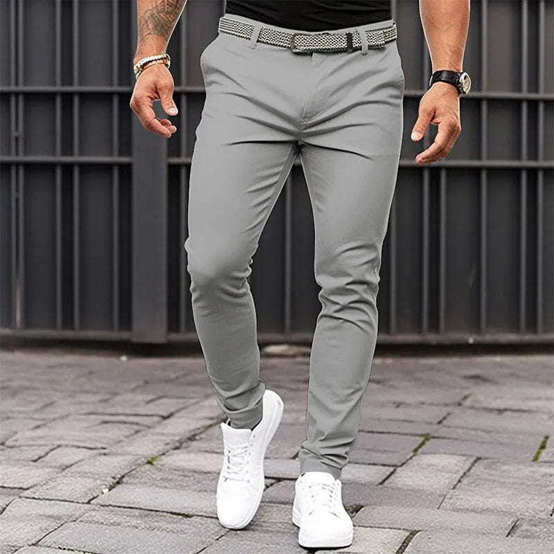 Men's pure colour slim-fit trousers in black, micro-elastic cotton blend, side pockets, mid-waist zip placket