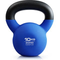 Blue cast iron dumbbell shaped like a teapot, showing the integrated handle and solid construction.