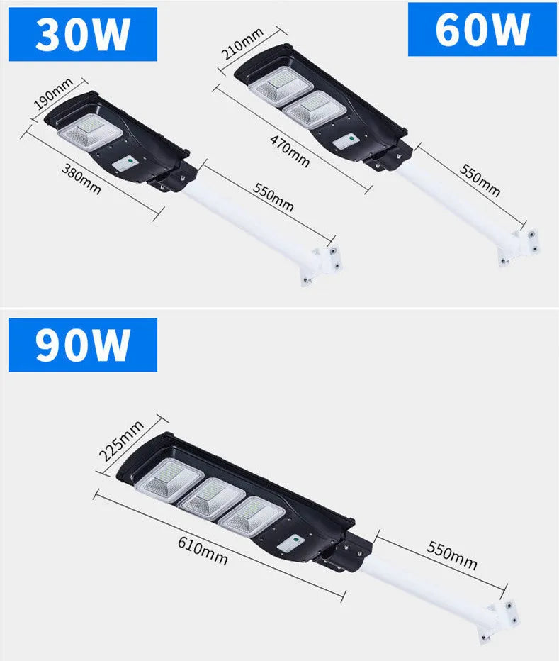 Integrated solar street light with LED panel and remote control for outdoor use.
