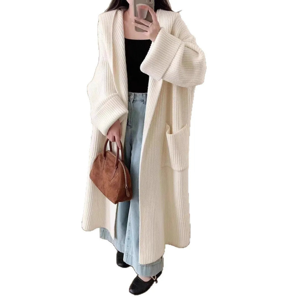 Women's loose hooded sweatshirt cardigan in acrylic fabric with 80cm length and raglan sleeves