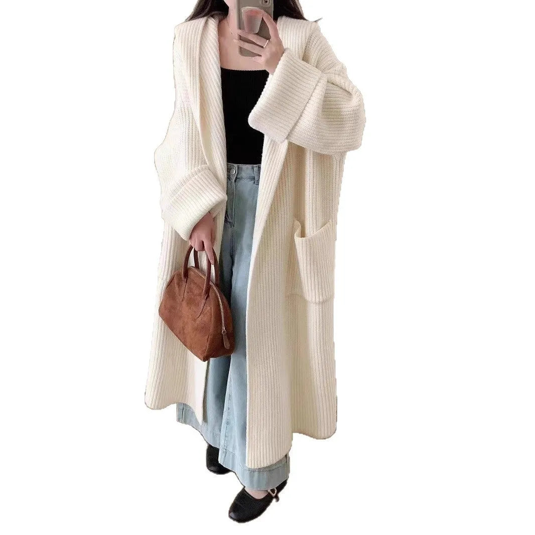 Women's loose hooded sweatshirt cardigan in acrylic fabric with 80cm length and raglan sleeves