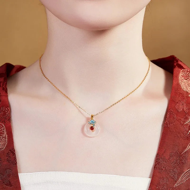 925 silver pendant necklace with cold enamel red agate and white chalcedony on adjustable chain