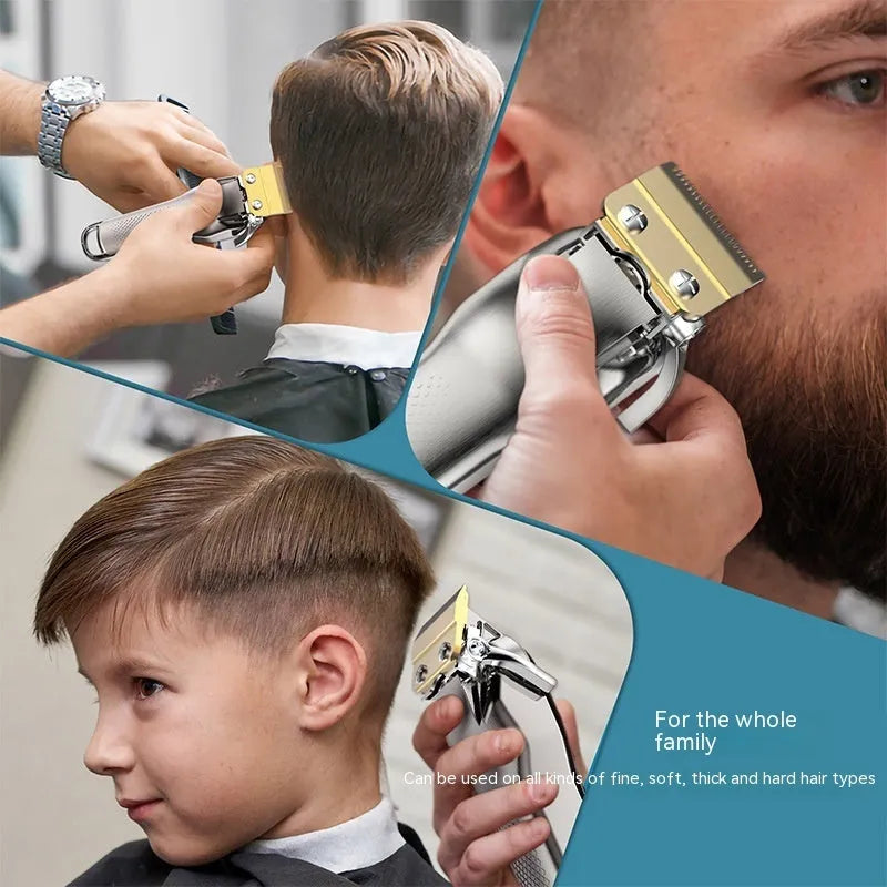 Silver rechargeable hair clipper with LED LCD display, 10 guide combs, and USB cable on a table