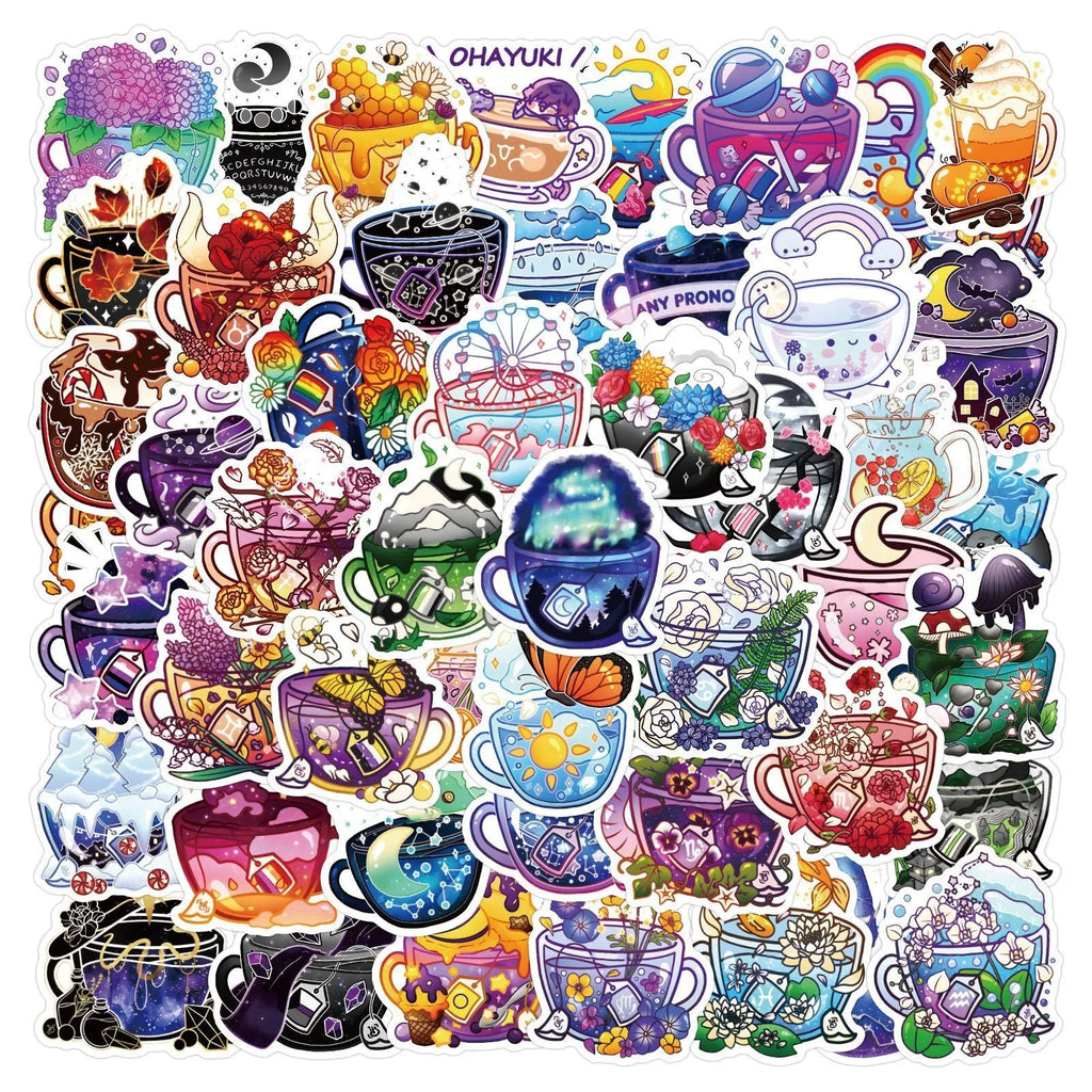 Colourful tea cup graffiti design stickers on scooter and luggage, 50 piece waterproof vinyl pack