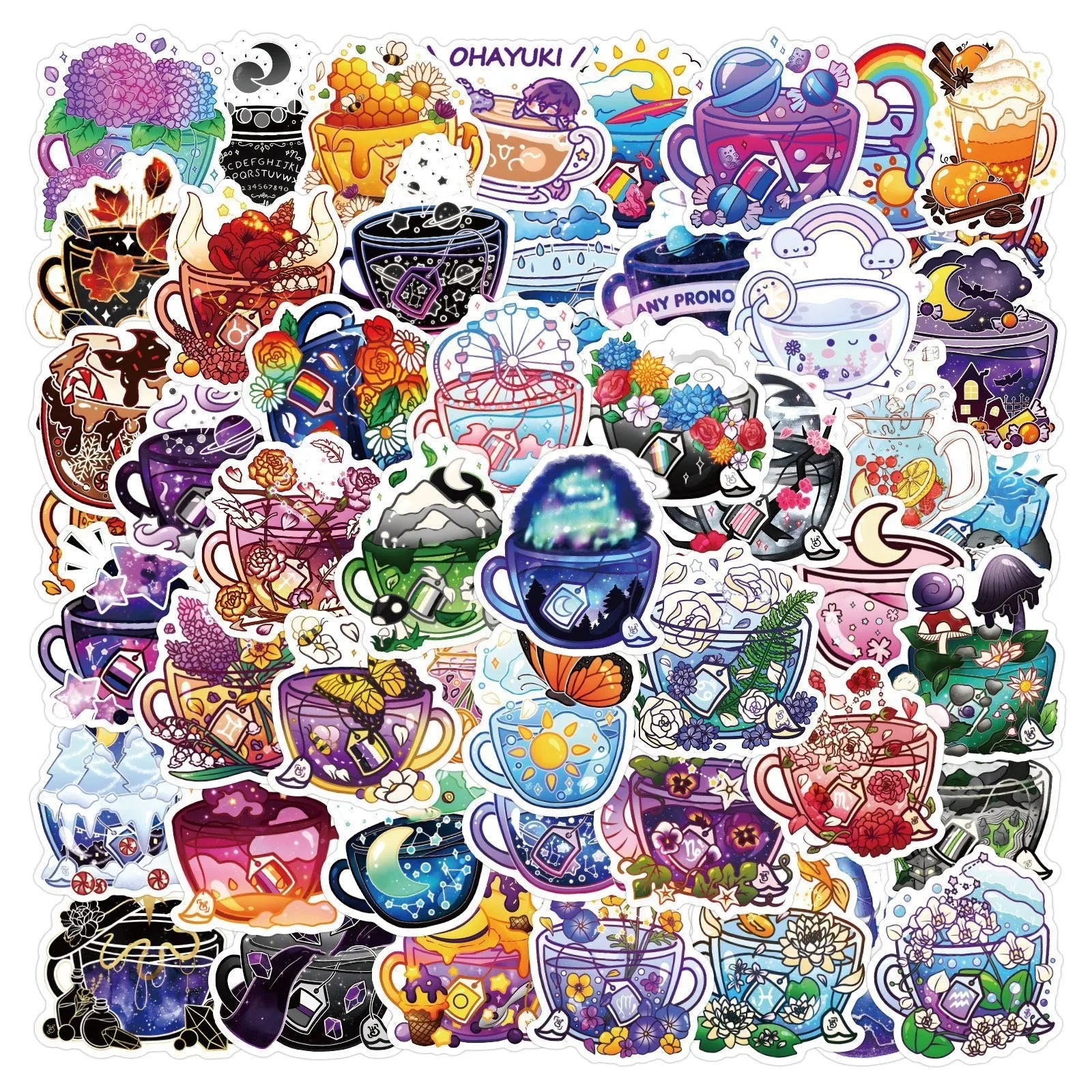 Colourful tea cup graffiti design stickers on scooter and luggage, 50 piece waterproof vinyl pack