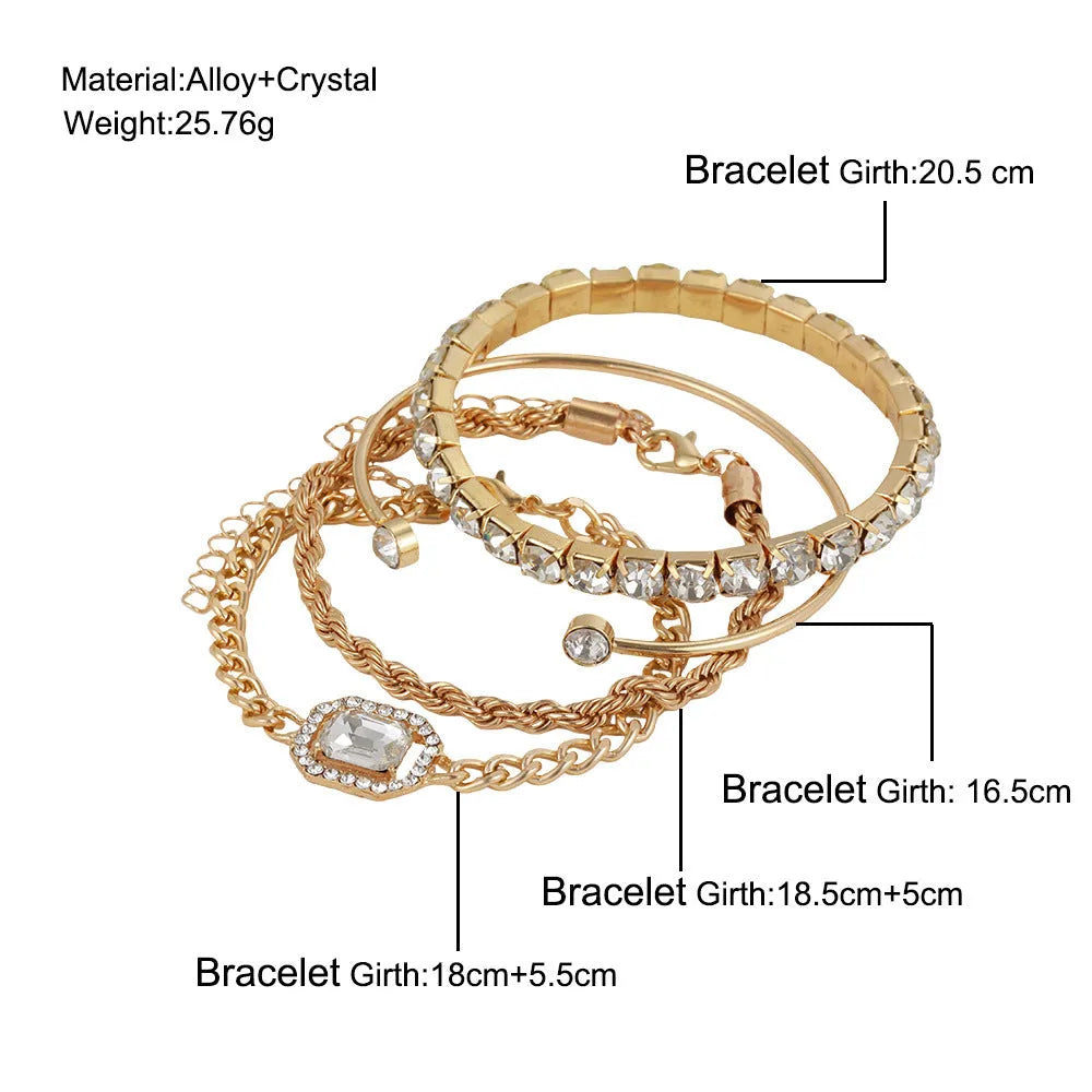 Set of 4 crystal bracelets - bohemian design, adjustable alloy, rhinestones, women's jewelry